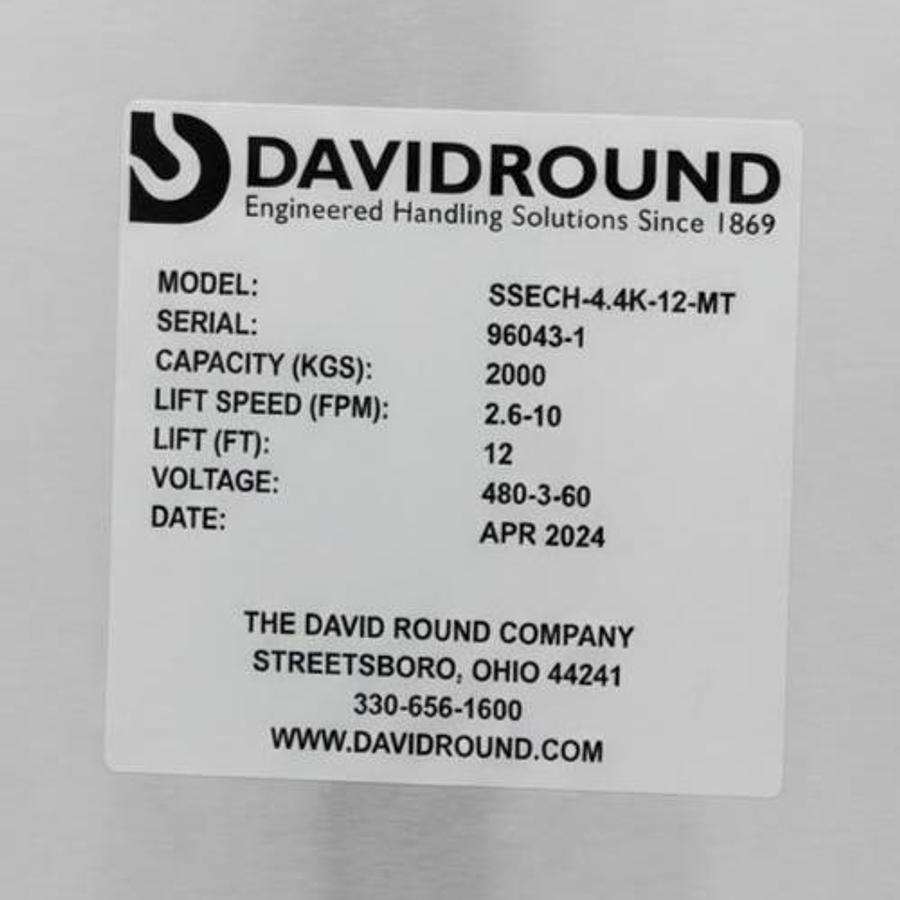 Used David Round SSECH-4.4K-12-MT 2000kg Stainless Electric Chain Hoist Trolley 480V
