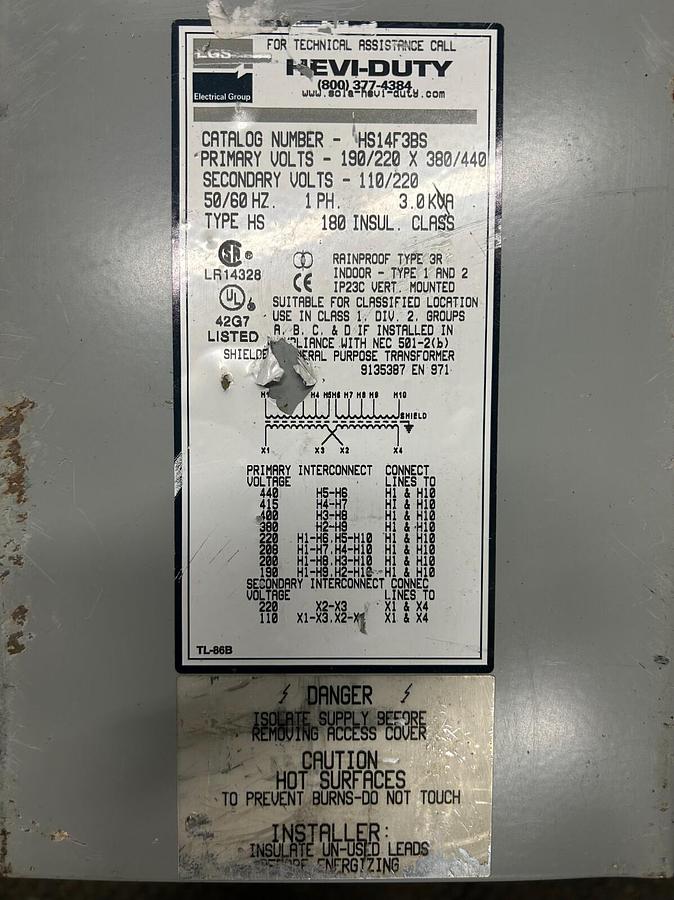 Used EGS HEVI-DUTY HS14F3BS Transformer 3kVA ($140 OBO)