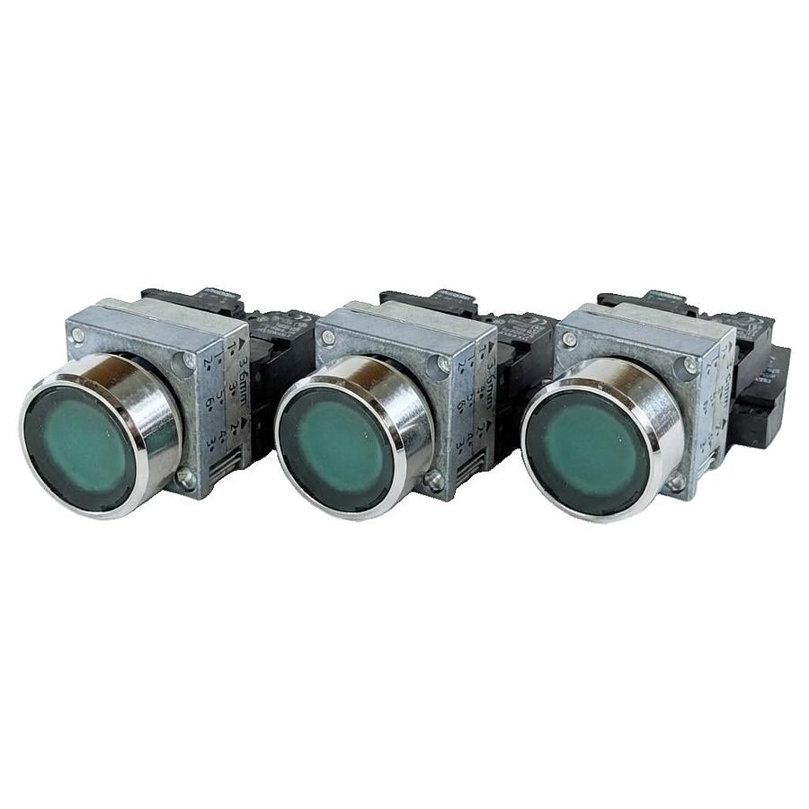 Used LOT OF 3 SIEMENS 3SB3403-1PC 22MM GREEN PUSHBUTTON ASSEMBLY 24V LED BLOCKS