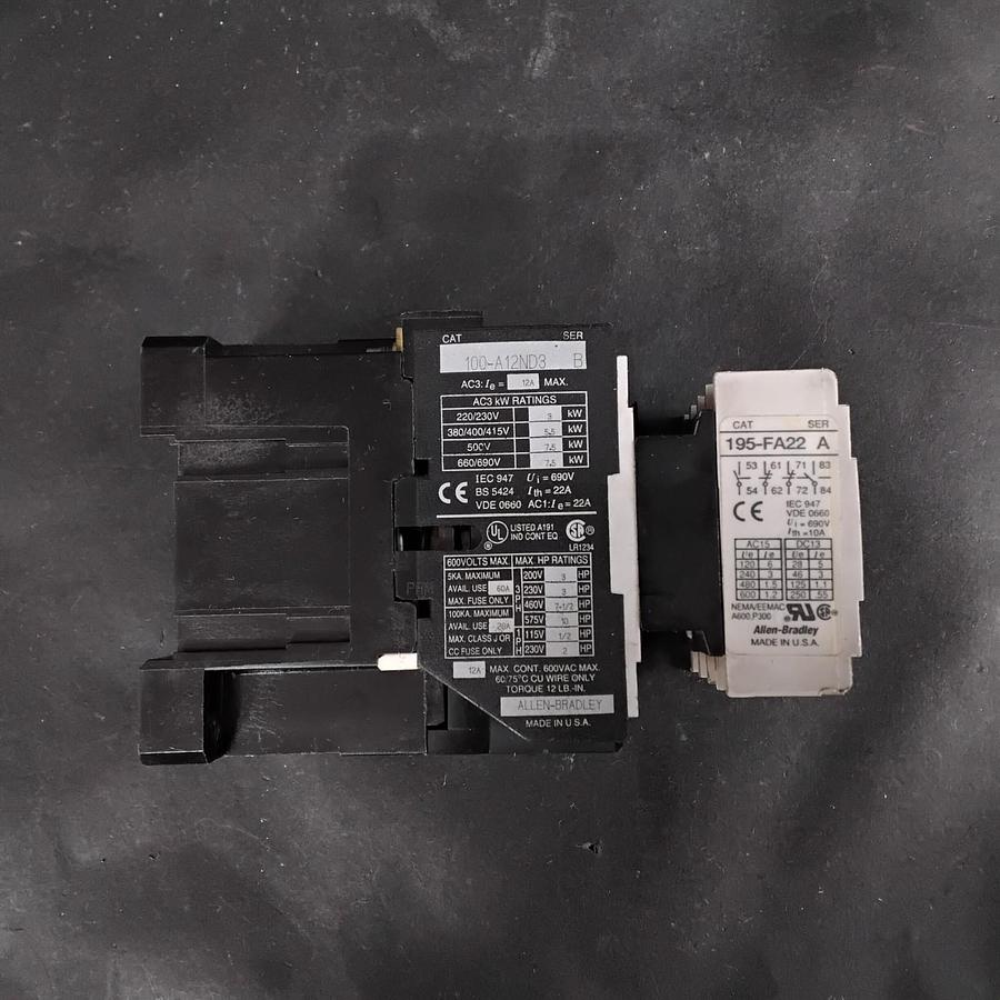 Used ALLEN BRADLEY 100-A12ND3 MAGNETIC CONTACTOR W/ 195-FA22 CONTACT BLOCK ($40 OBO)