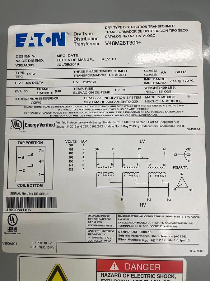 Refurbished EATON Cat No V48M28T3016 - 30kVA Transformer ($1,499.99 OBO!!!)