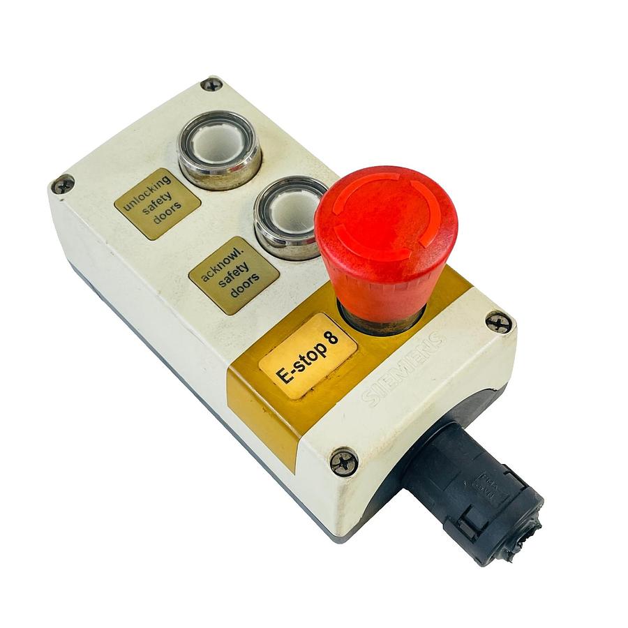 Used SIEMENS 3SB38 CONTROL STATION PUSHBUTTON ENCLOSURE 2 PUSHBUTTONS 1 E-STOP