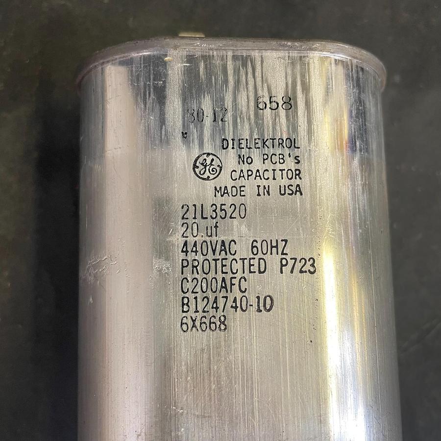 Used GENERAL ELECTRIC 21L3520 DIELEKTROL CAPACITOR 20uf, 440VAC, 60HZ