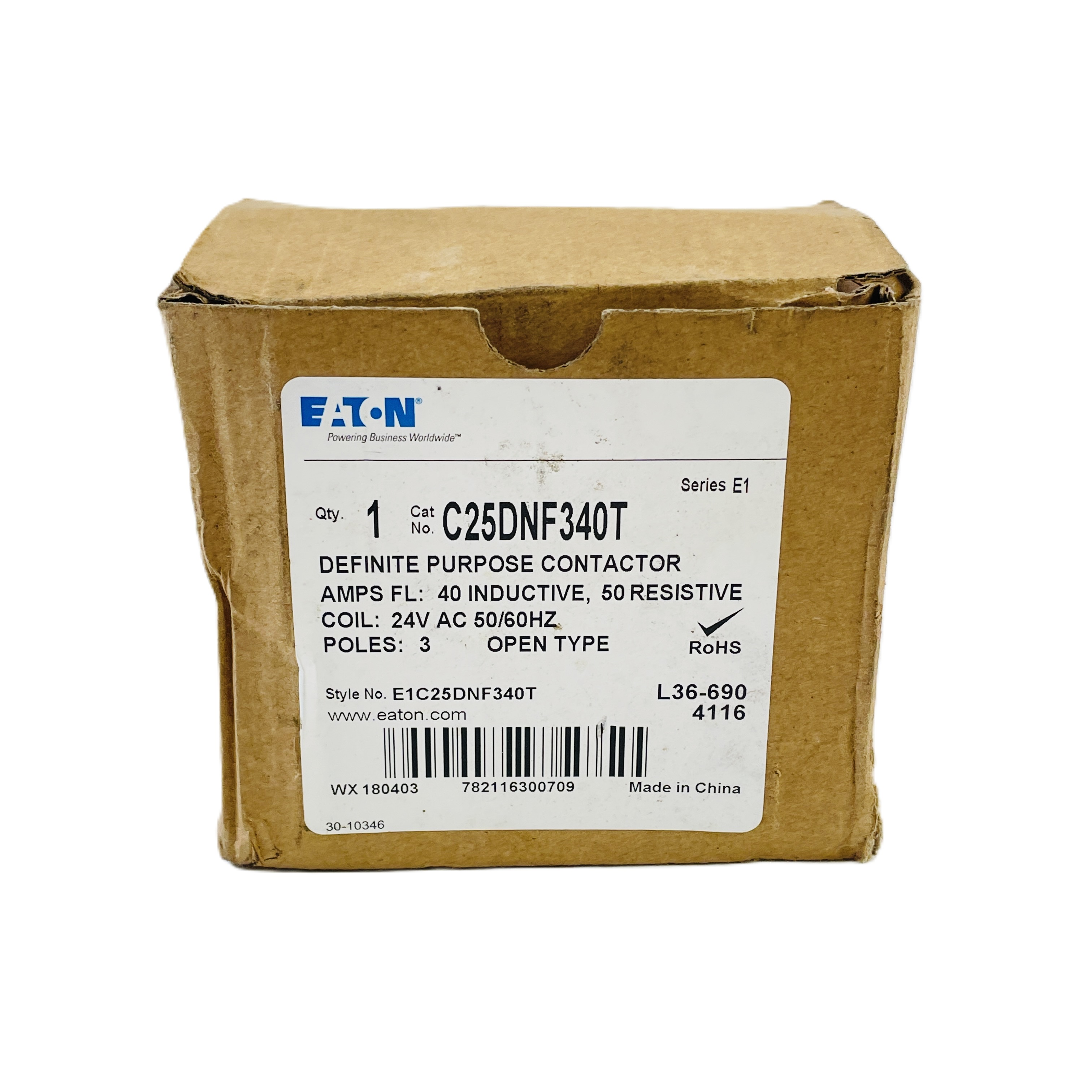 Refurbished EATON C25DNF340T DEFINITE PURPOSE CONTACTOR 3 POLE 40A 24VAC COIL OPEN TYPE