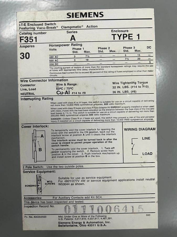 Used Siemens Enclosed Switch F351 Ser A $250!!!