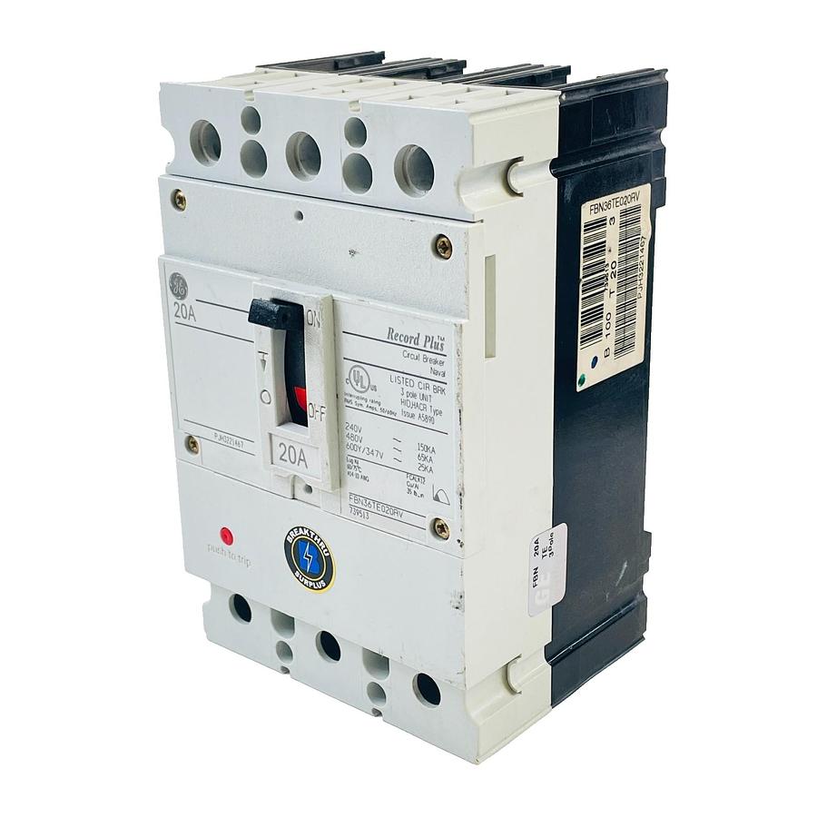 Used GENERAL ELECTRIC FBN36TE020RV RECORD PLUS FB100 CIRCUIT BREAKER 20A 3P 480V 65KA