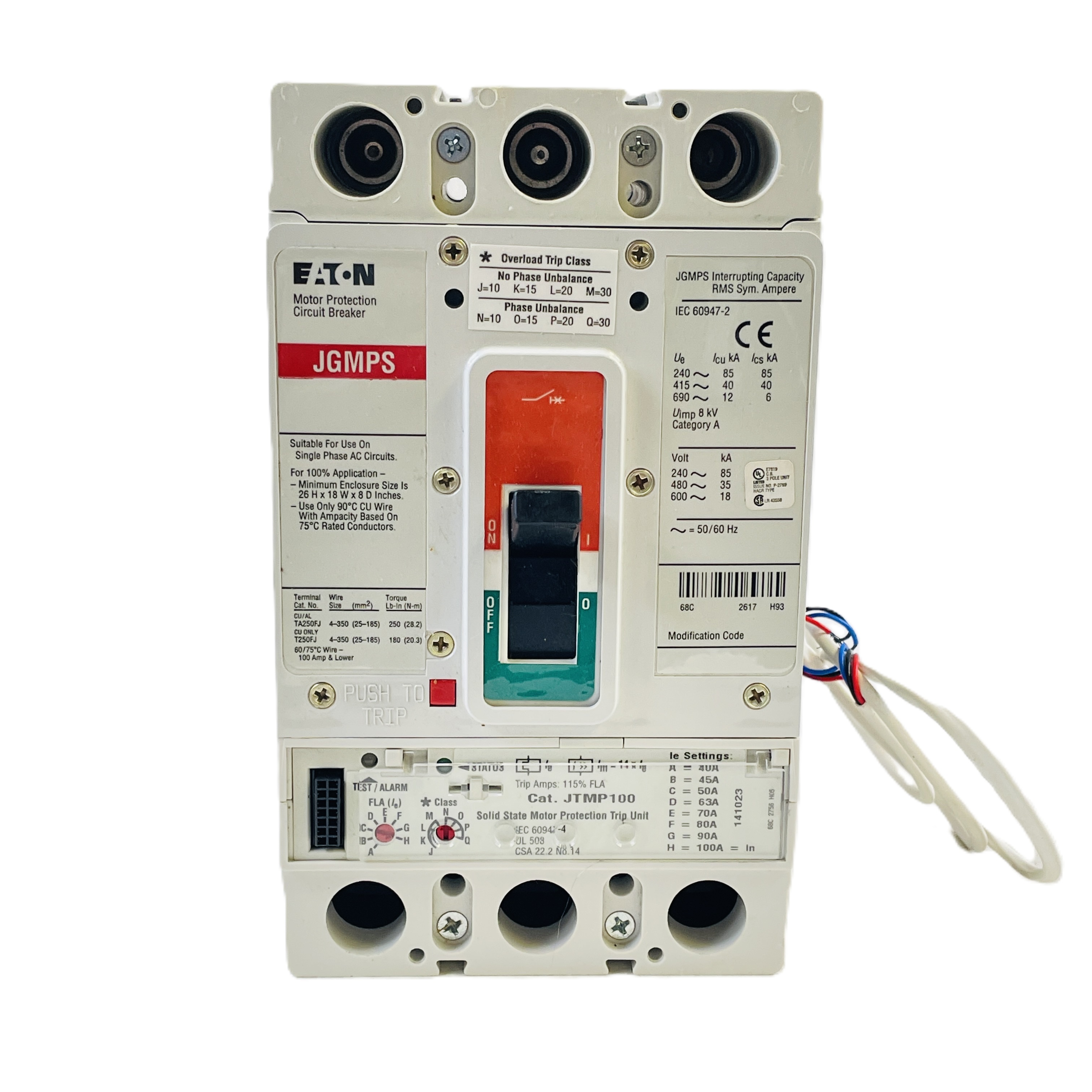 Refurbished EATON JGMPS100WA3D15Y2 MOTOR PROTECTION CIRCUIT BREAKER 3 POLE 100A 690V