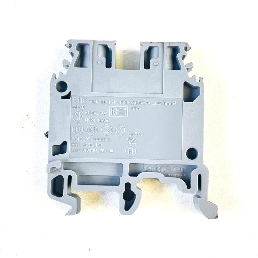Used ENTRELEC M6/8 5118 FEED THROUGH DIN RAIL TERMINAL BLOCK 50A 600V 8AWG GRAY