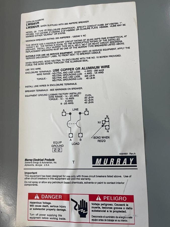 Refurbished MURRAY 200A, 240V Circuit Breaker Enclosure Cat No. LW200VR ($149.99 OBO!!!)