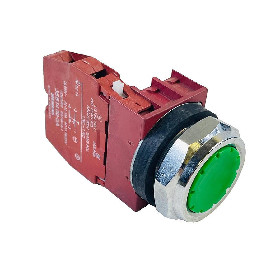 Used SIEMENS PB30PBFG 30MM GREEN FLUSH PUSHBUTTON SWITCH 3SB1400-0A 1NO 1NC BLOCK
