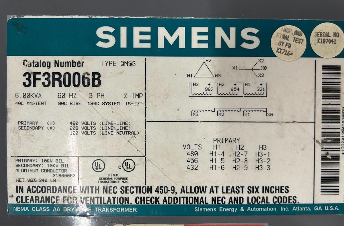 Used Siemens - 3F3R006B - 6.00kVA Transformer ($500 OBO)