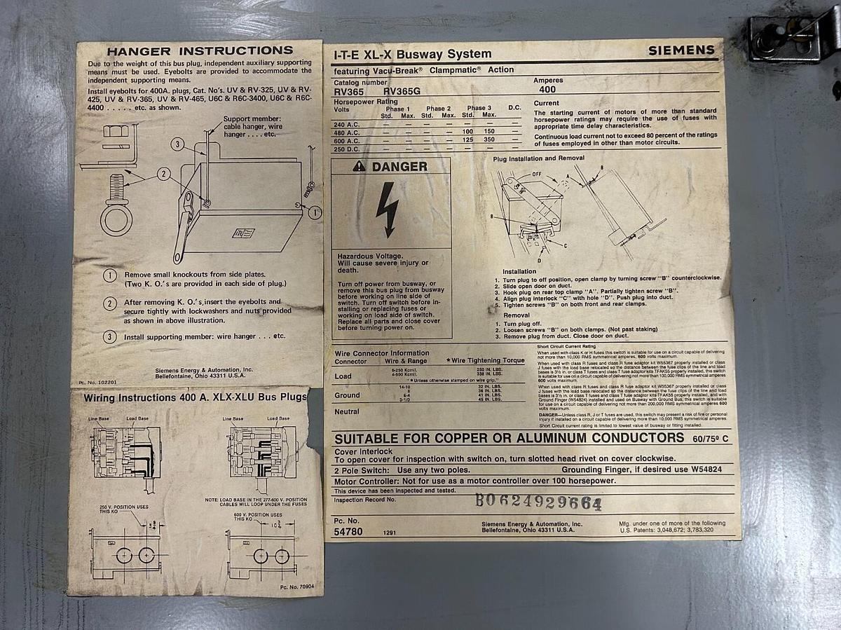Used SIEMENS ITE RV365 XL-X BUSWAY FUSIBLE SWITCH PLUG ($2750 OBO)