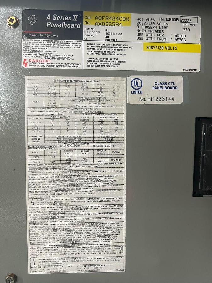 Used GE A Series II Panelboard Cat AQF3424CBX 400A 208Y/120V ($1,399.99 OBO!!!)