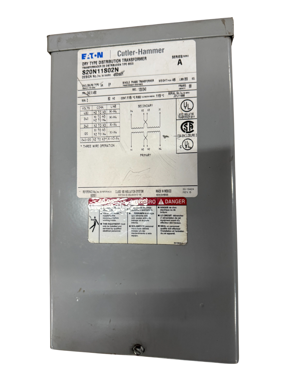 Used EATON CAT NO. S20N11S02N - 2 kVA Transformer - ($150 OBO)