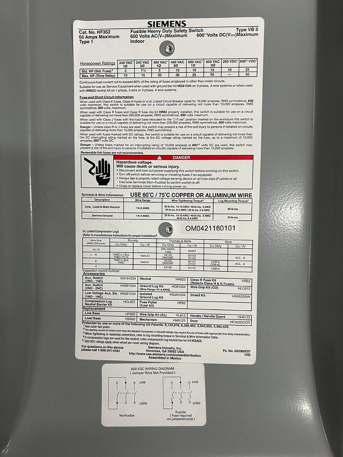 Used Siemens Fusible Heavy Duty Safety Switch HF362 $300