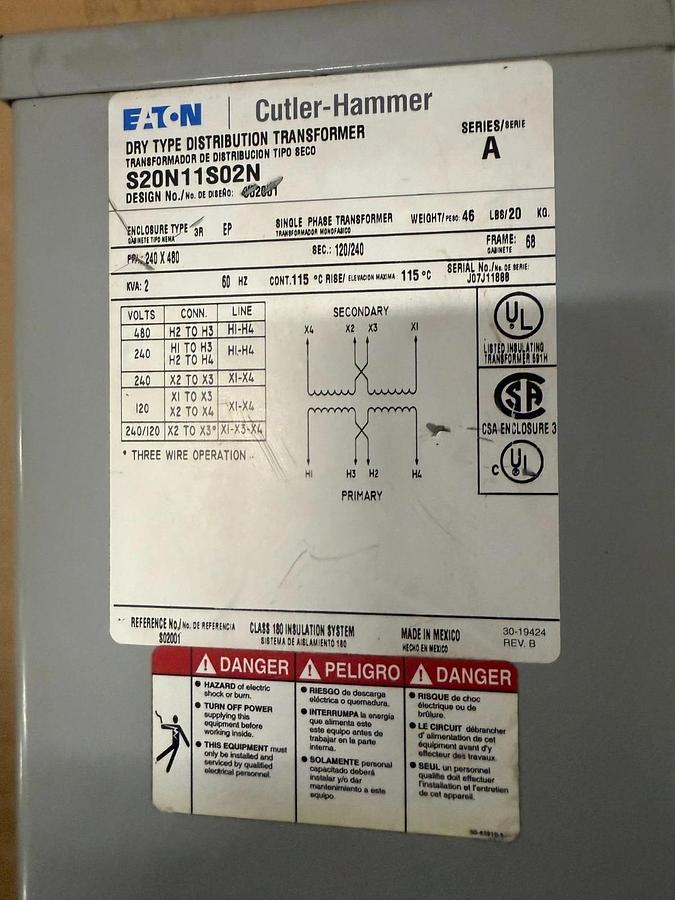 Used EATON CAT NO. S20N11S02N - 2 kVA Transformer - ($150 OBO)