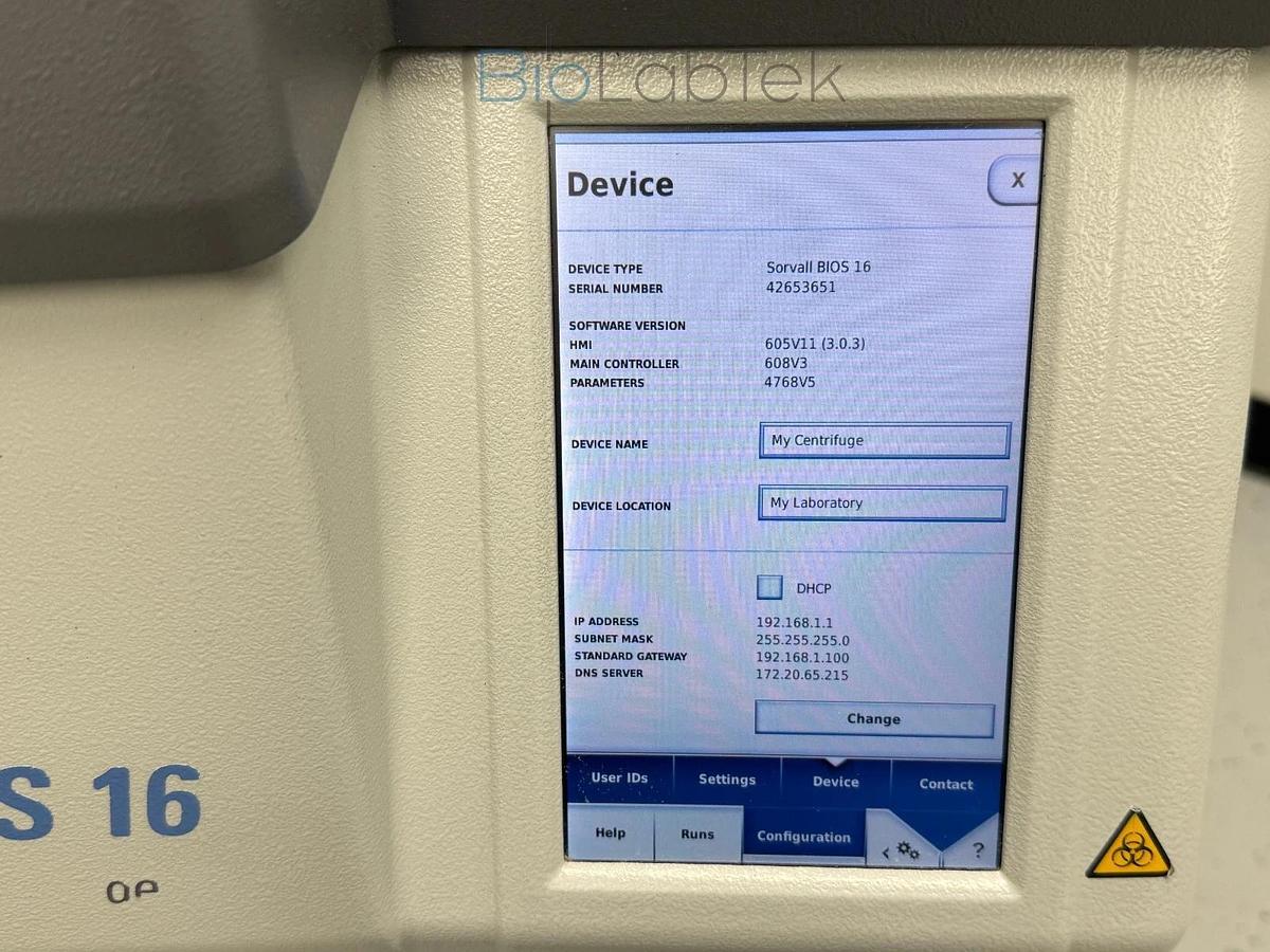 Used Thermo Sorvall BIOS 16 Bioprocessing Centrifuge w/ HAEMAFlex 16 rotor 8x2L 2020