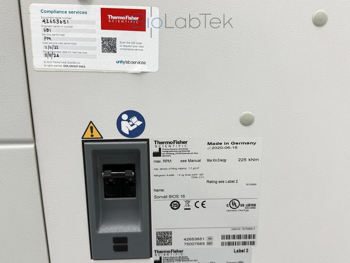 Used Thermo Sorvall BIOS 16 Bioprocessing Centrifuge w/ HAEMAFlex 16 rotor 8x2L 2020