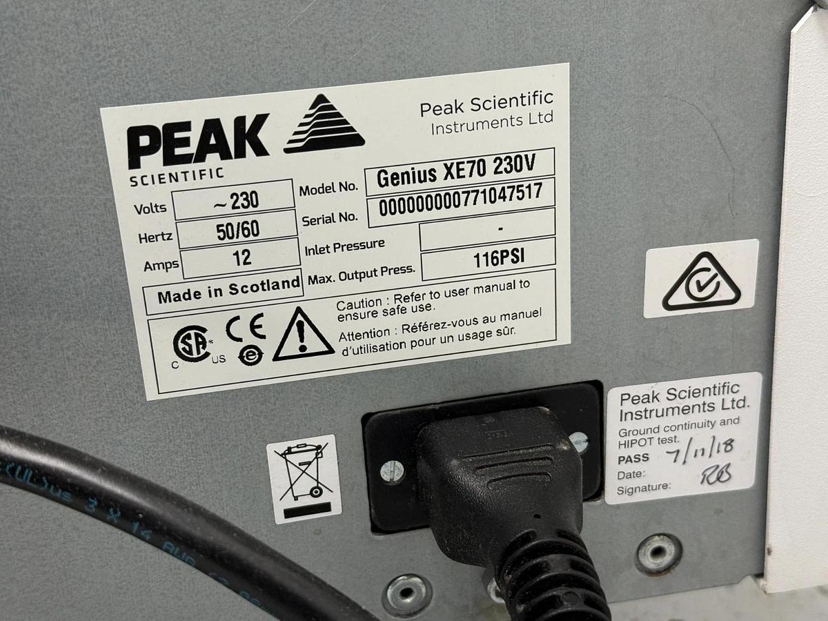 Used Peak Scientific Genius XE70 XE Mass Spectometer lab Nitrogen gas generator 70L