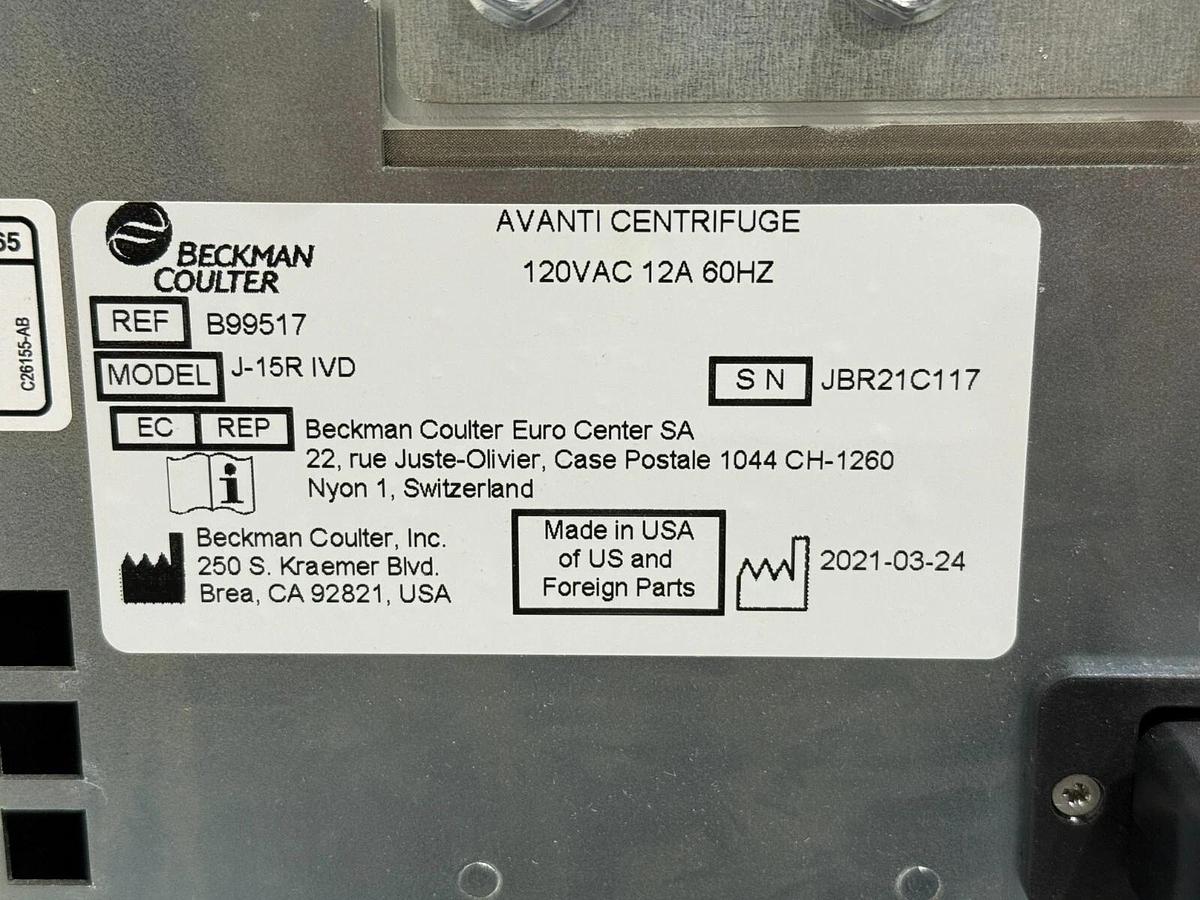 Used Beckman Coulter Avanti J-15R IVD refrigerated Centrifuge B99517 with rotor