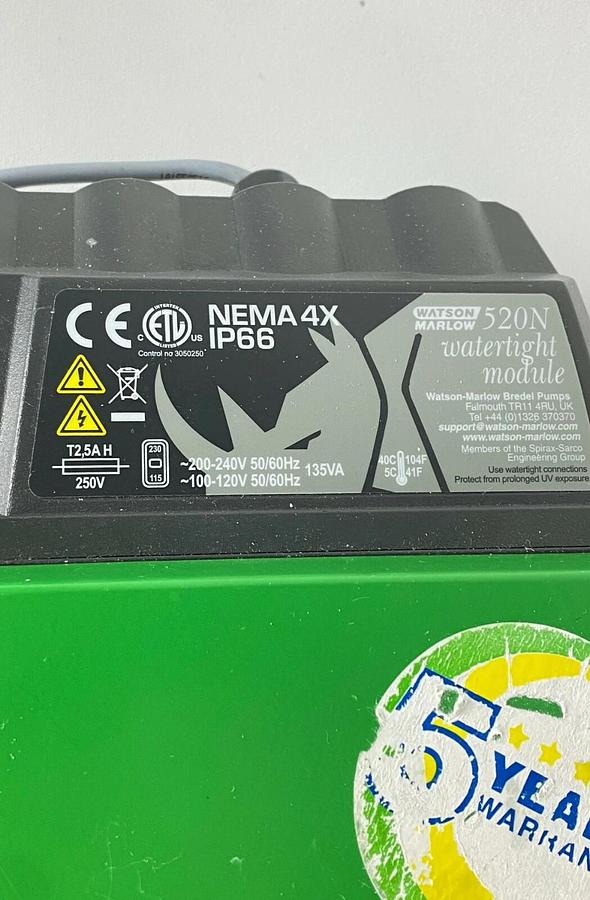 Used Watson Marlow 520DUN DRIVE 220RPM Peristaltic Process Pump w/ Pumphead NEMA 4X