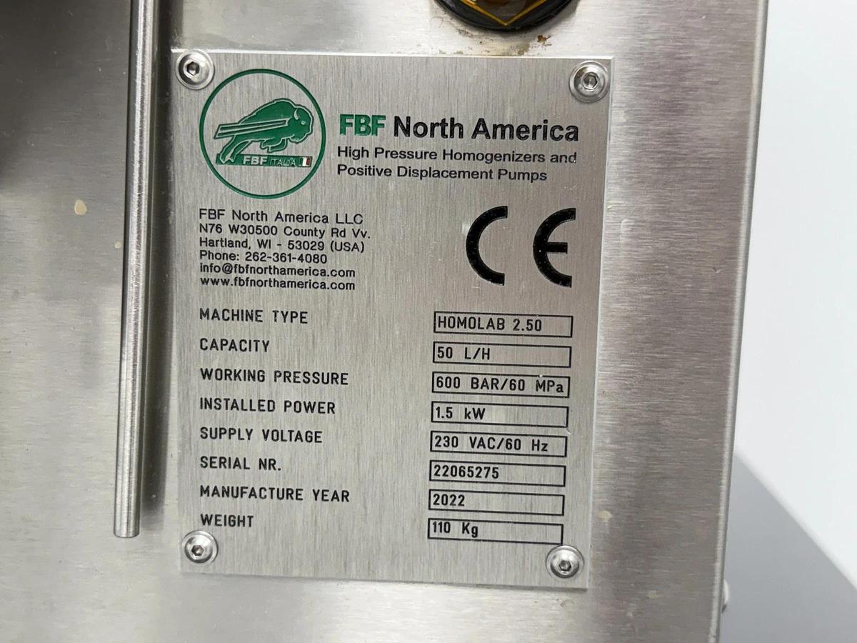 Used FBF Italia Homolab 2.50 High Pressure Homogenizer | 600 Bar Two-Stage 50 L/H
