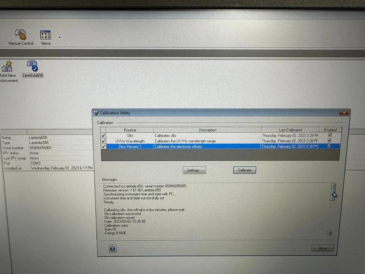 Used Perkin Elmer Lambda 650 UV/Vis Spectrophotometer system with STD/RSA modules