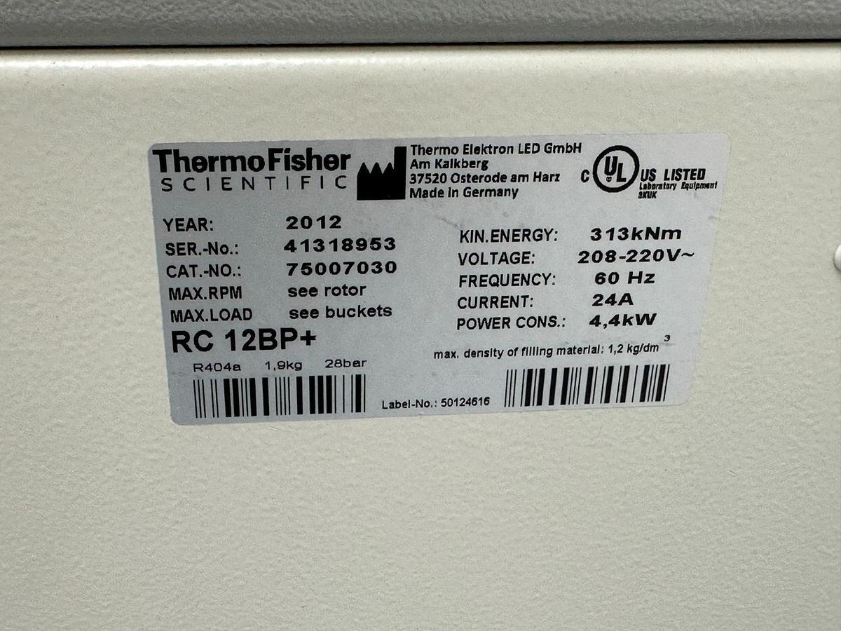 Used Thermo Sorvall RC 12BP+ Bioprocessing Centrifuge with H-12000 rotor/buckets 2012