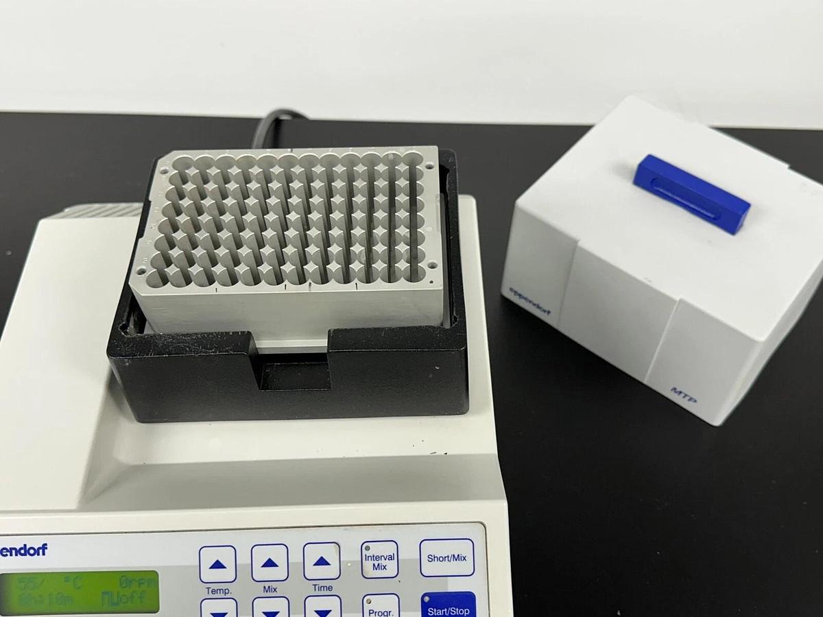 Used Eppendorf ThermoMixer R 5355 heat/cool shaker mixer with MTP block & tube holder