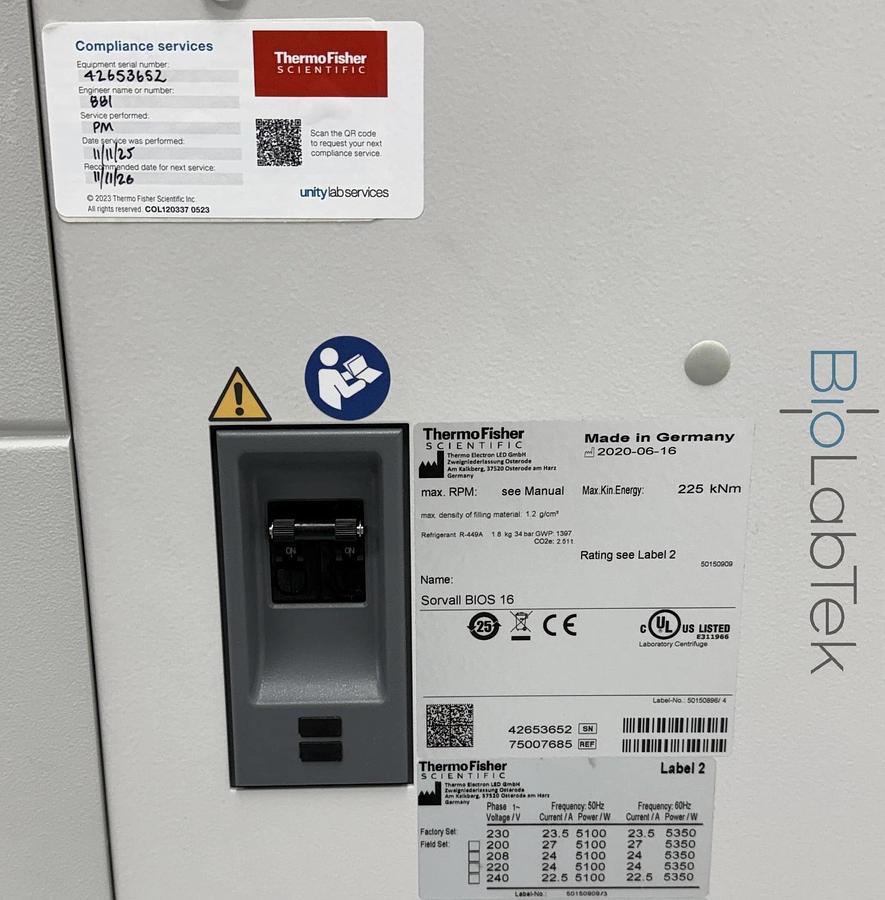 Used Thermo Sorvall BIOS 16 Bioprocessing Centrifuge w/ HAEMAFlex 16 rotor 8x2L 2020