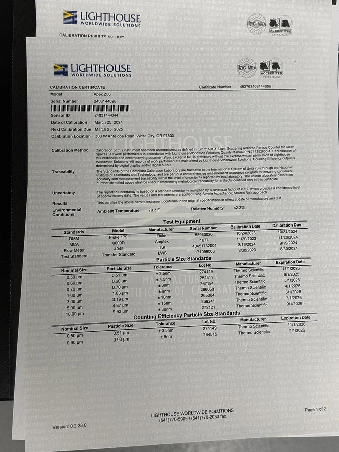 NEW! Lighthouse ApexZ50 Airborne Particle Counter Cal Due