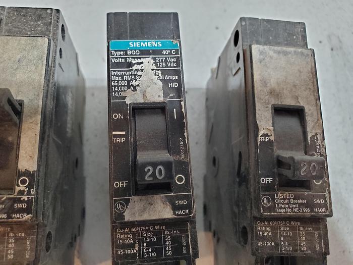 Used (Lot of 3) SIEMENS BQD BQD120 20 AMP 1 POLE 277 VAC