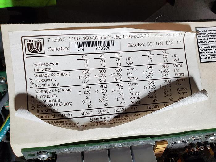 Used Unico 20 HP VFD for an LRP Pump (J3)
