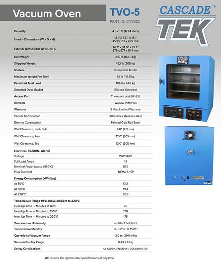 Used Cascade Tek TVO-5 Vacuum Oven w/ Vacuum Pump