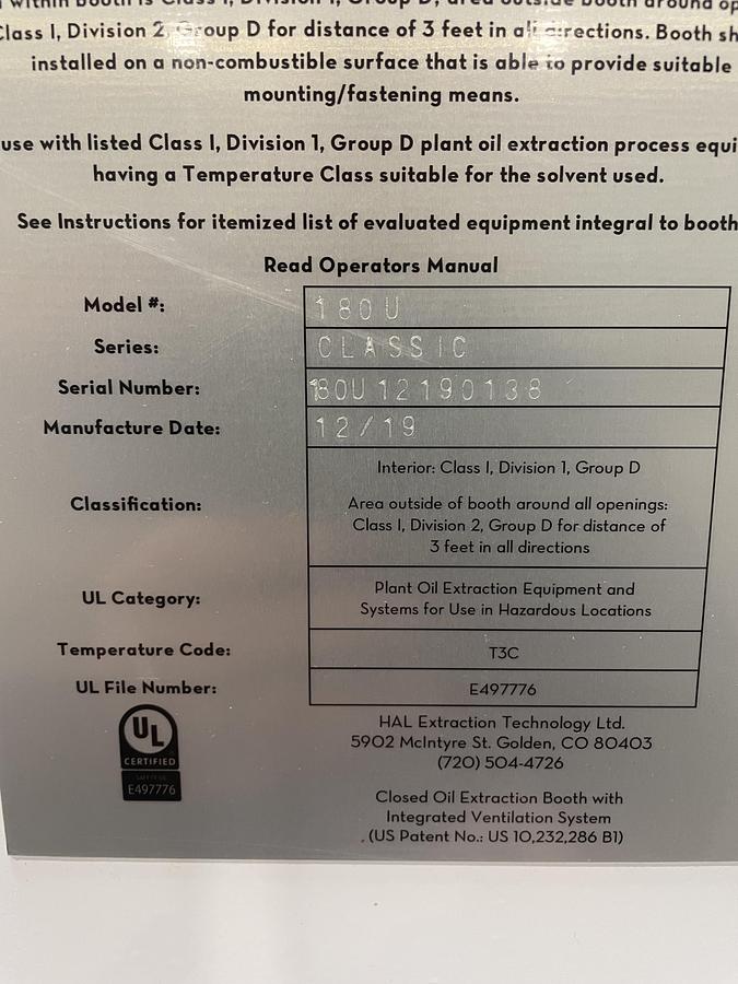 Used HAL C1D1 Extraction Booth 10x20x8.5"