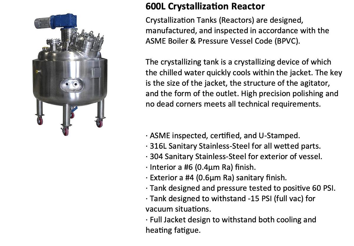 600 L Crystallization Reactor with Chiller, Heater, SS Storage Vessel, Pump and Control Box