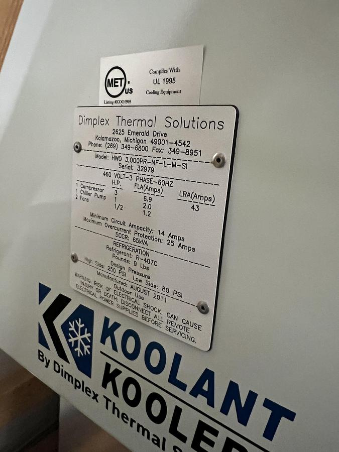 Used 3 Ton Koolant Dimplex Thermal Solutions Chiller