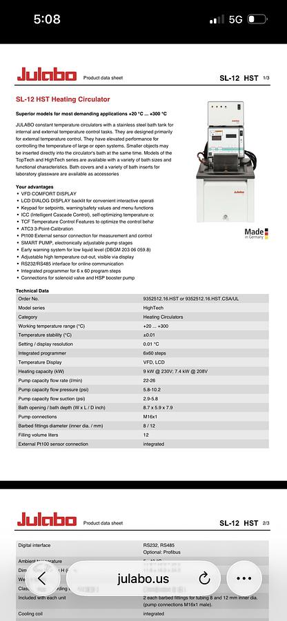 Used Julabo SL-12 HST Heating Circulator