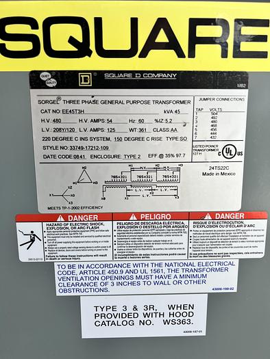 Square D 3 Phase Transformer 45 kVa 480 to 208Y/120