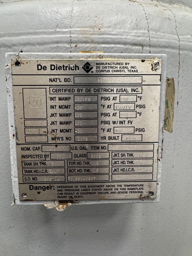 Used De Dietrich 200-Gallon Glass-Lined Double Jacketed Reactor with Lightnin Mixer