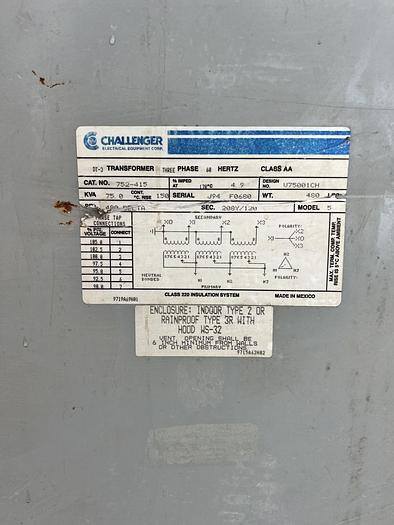 Used Challenger - 3 Phase Transformer 7.5 Kva 575 Delta To 460Y/266