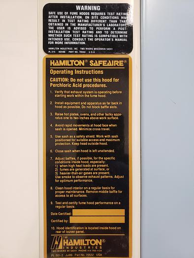 Used SafeAire Fume Hood by Hamilton
