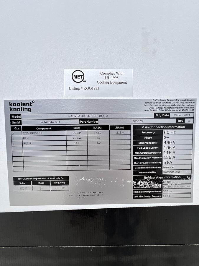 Used 40 TON KOOLANT KOOLER CHILLER – DIMPLEX THERMAL SOLUTIONS