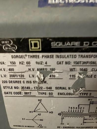 Used Square D 150 KVA Electrical Transformer Model 150T3HF1SNLP