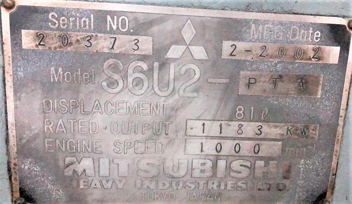 Used 1.18 MW 2002 Used Mitsubishi S6U2-PTA HFO Generator Set