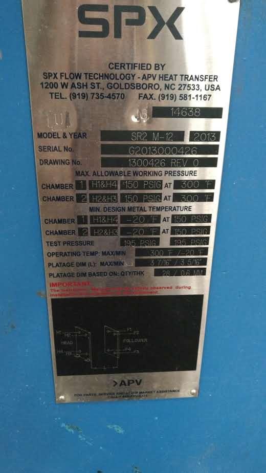 Usado 77 SQ. FT. SPX PLATE HEAT EXCHANGER/COST OF NEW GASKETS EXTRA