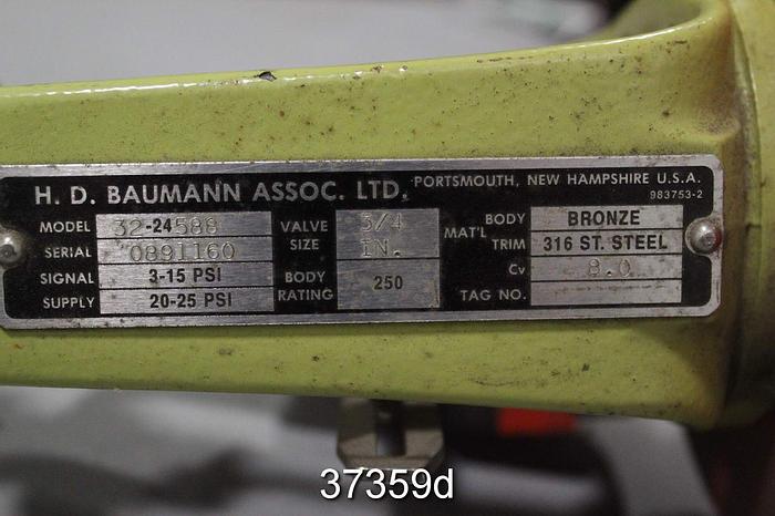 Used H.D Baumann 1" Pneumatic Globe Valve, 32-24588 #37359