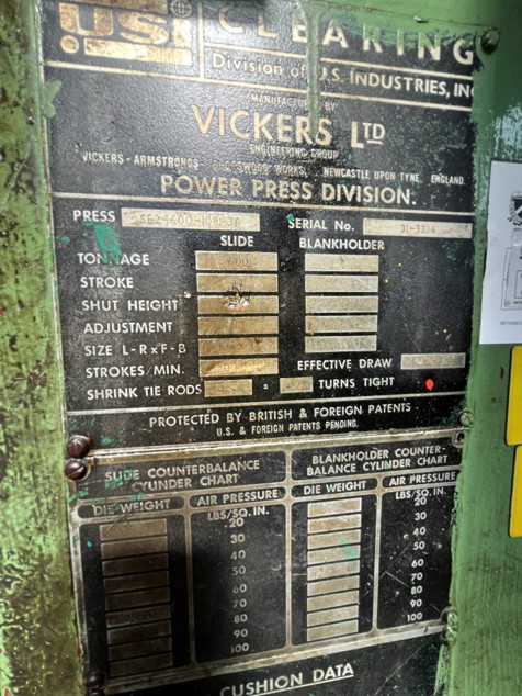 Used USI Vickers Clearing Straight Sided Mechanical Press