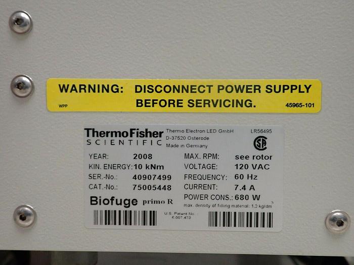 Used Thermo Scientific Sorvall Biofuge Primo R Refrigerated Centrifuge with Rotor