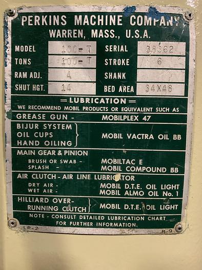 Used 100 ton Perkins 48"x34" Used Stamping Press